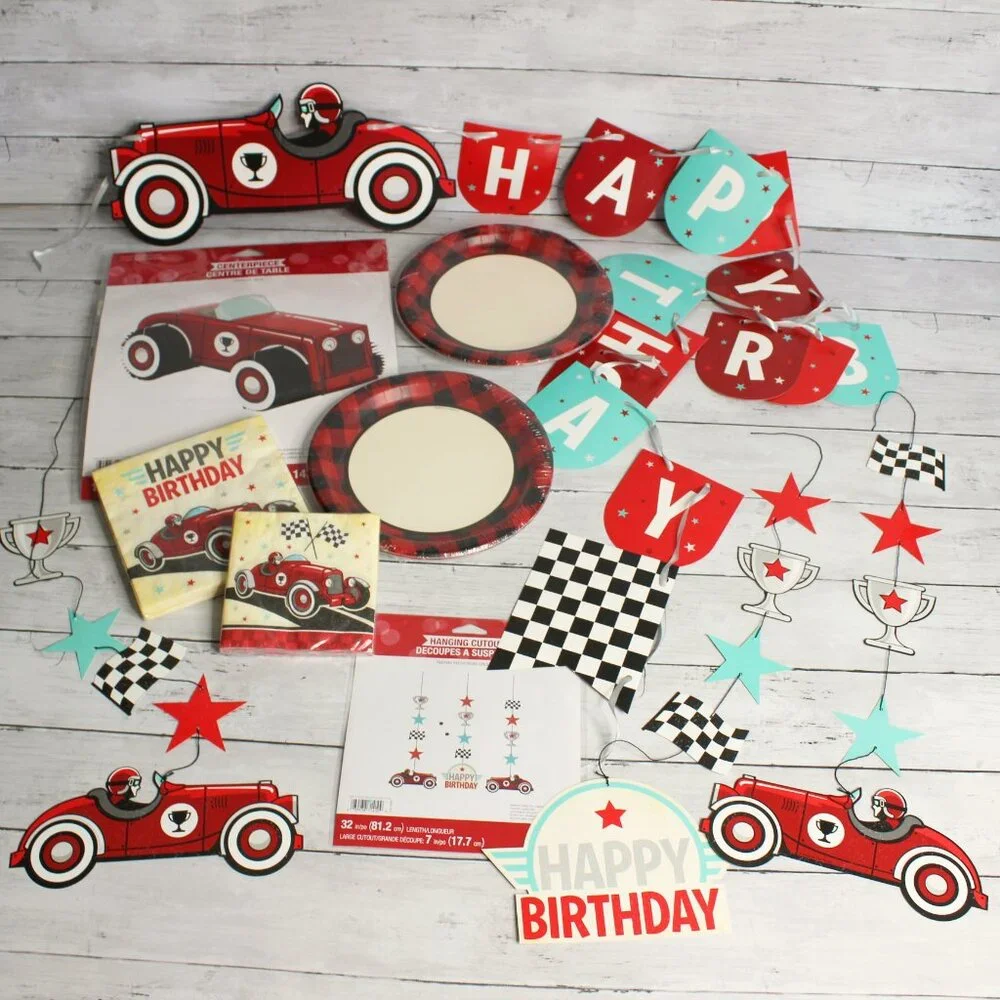 Vintage Derby Race Cars Happy Birthday Banner Paper Plates Party Decor